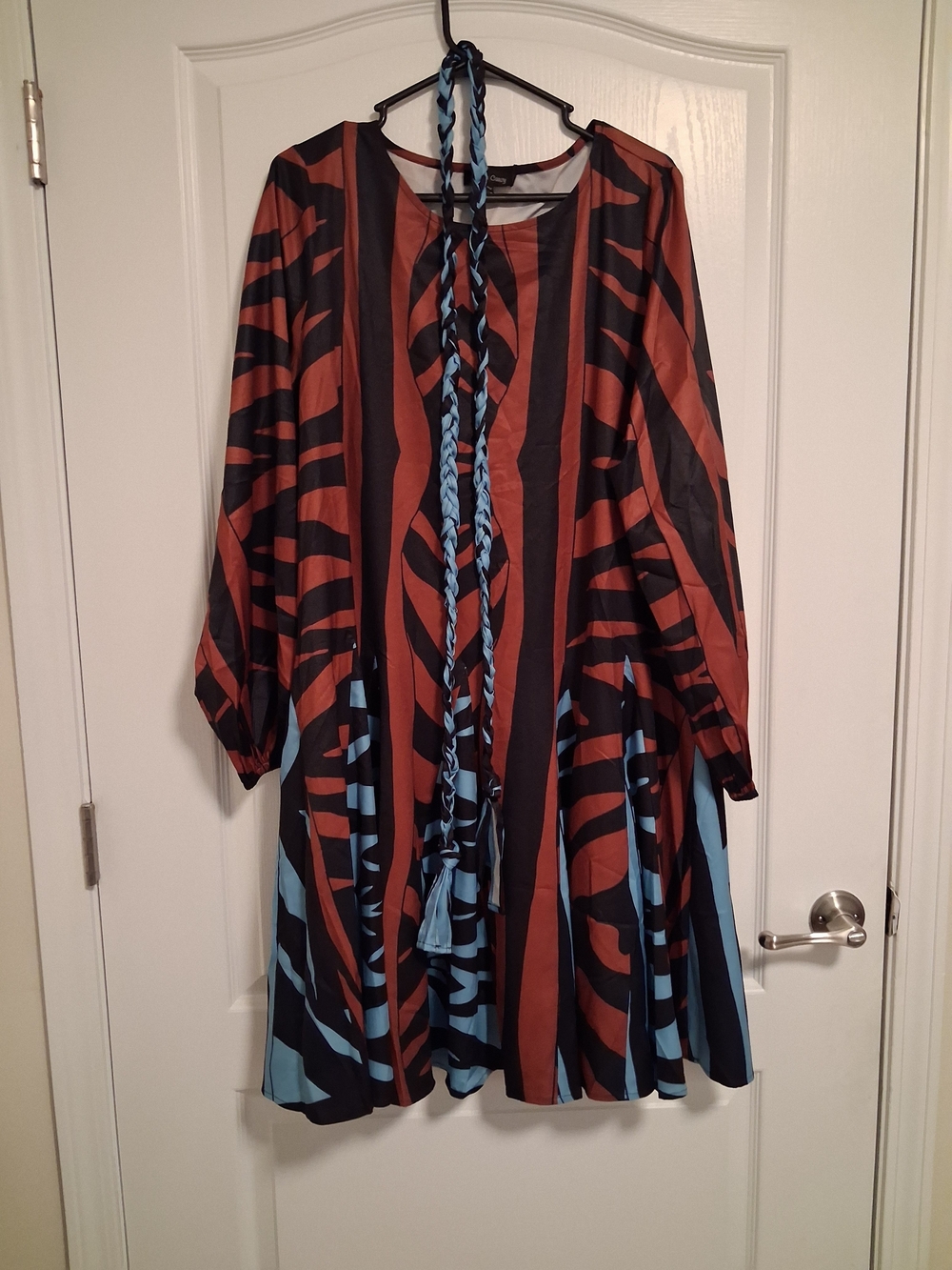 Striped Zebra-Print Long Sleeve Dress in Rust & Light Blue